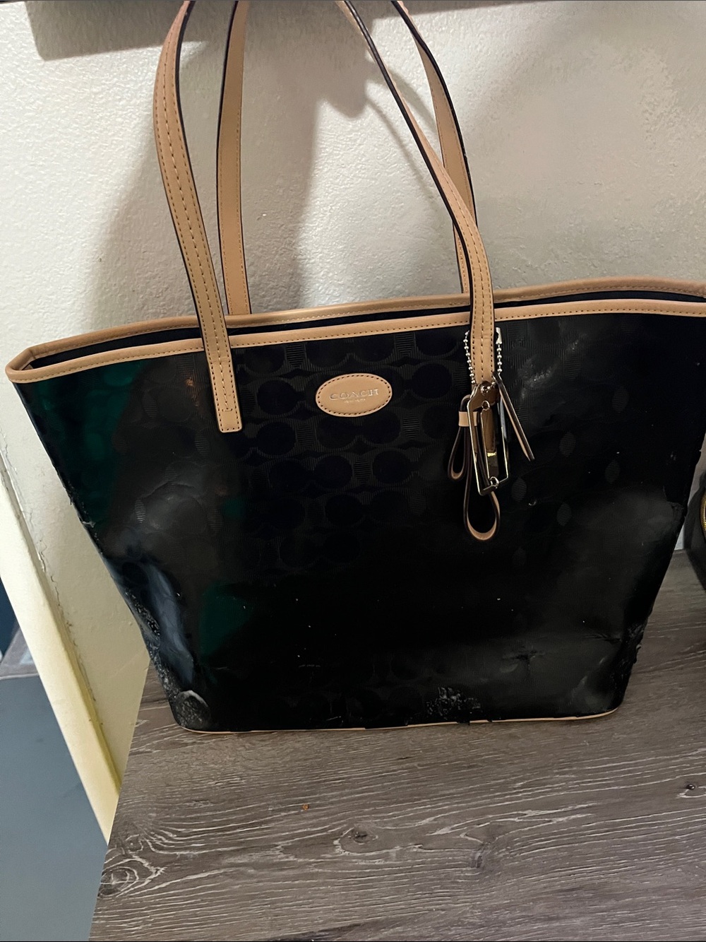 Coach Black Patent Tote with Tan Trim and Straps